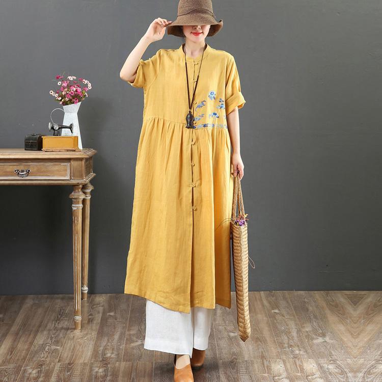 Simple o neck embroidery linen clothes Fitted Tunic yellow Traveling Summer Dress - Omychic