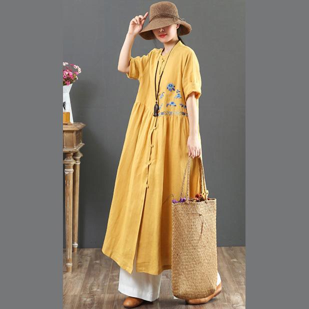 Simple o neck embroidery linen clothes Fitted Tunic yellow Traveling Summer Dress - Omychic