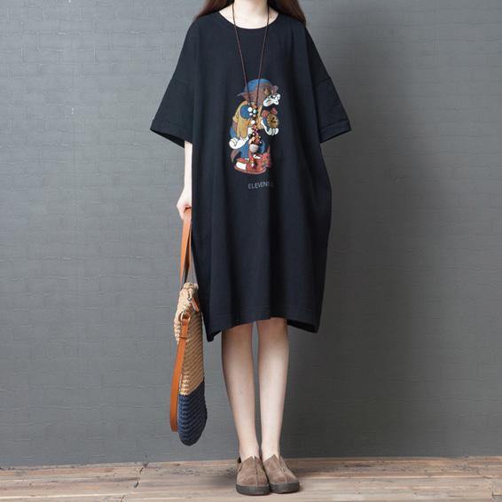 Simple o neck half sleeve Cotton dress pattern black Dress summer - Omychic