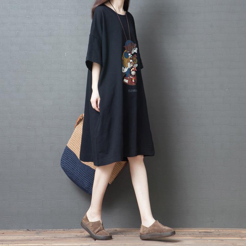 Simple o neck half sleeve Cotton dress pattern black Dress summer - Omychic