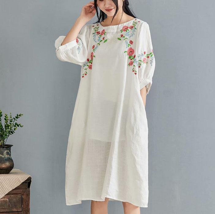 Simple o neck half sleeve linen clothes For Work Outfits white embroidery Dresses summer - Omychic