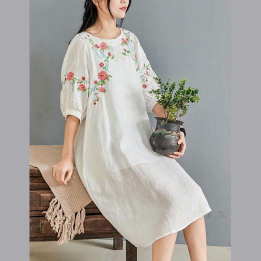 Simple o neck half sleeve linen clothes For Work Outfits white embroidery Dresses summer - Omychic