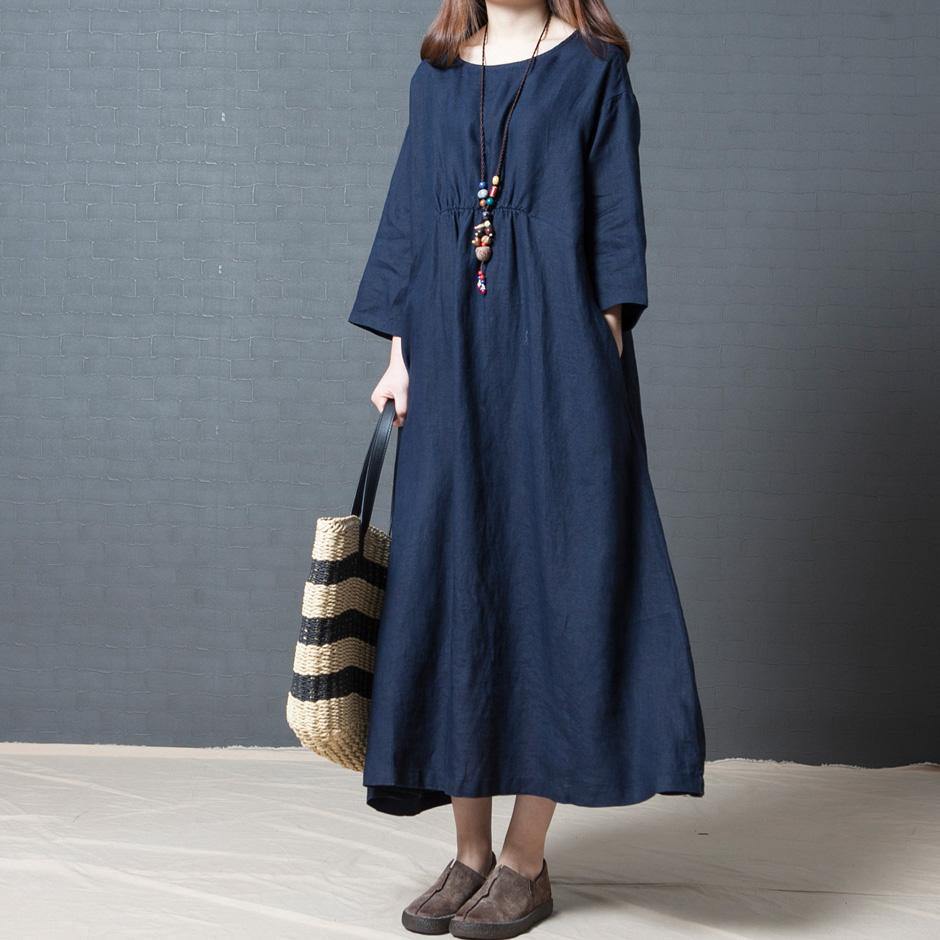 Simple o neck linen clothes For Women Metropolitan Museum Inspiration navy A Line Dresses summer - Omychic