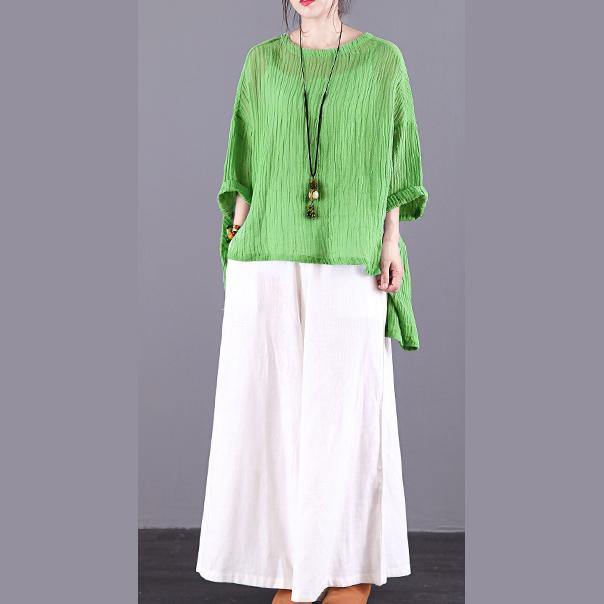 Simple o neck low high design linen clothes For Women Sleeve green blouse summer - Omychic