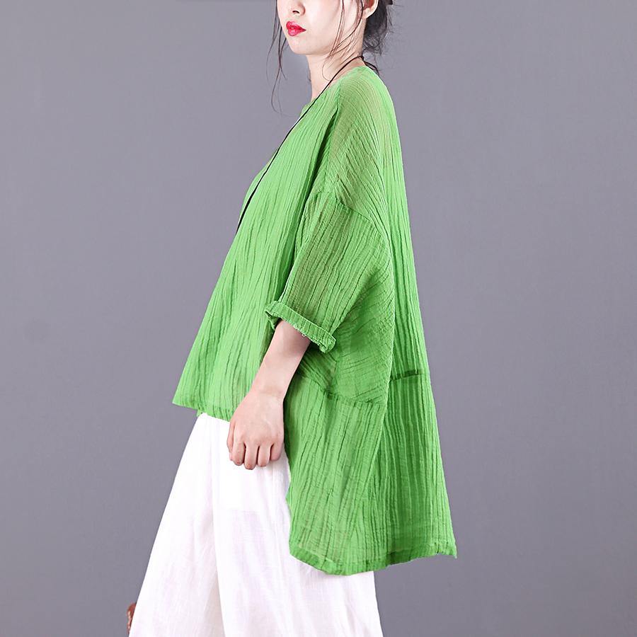 Simple o neck low high design linen clothes For Women Sleeve green blouse summer - Omychic