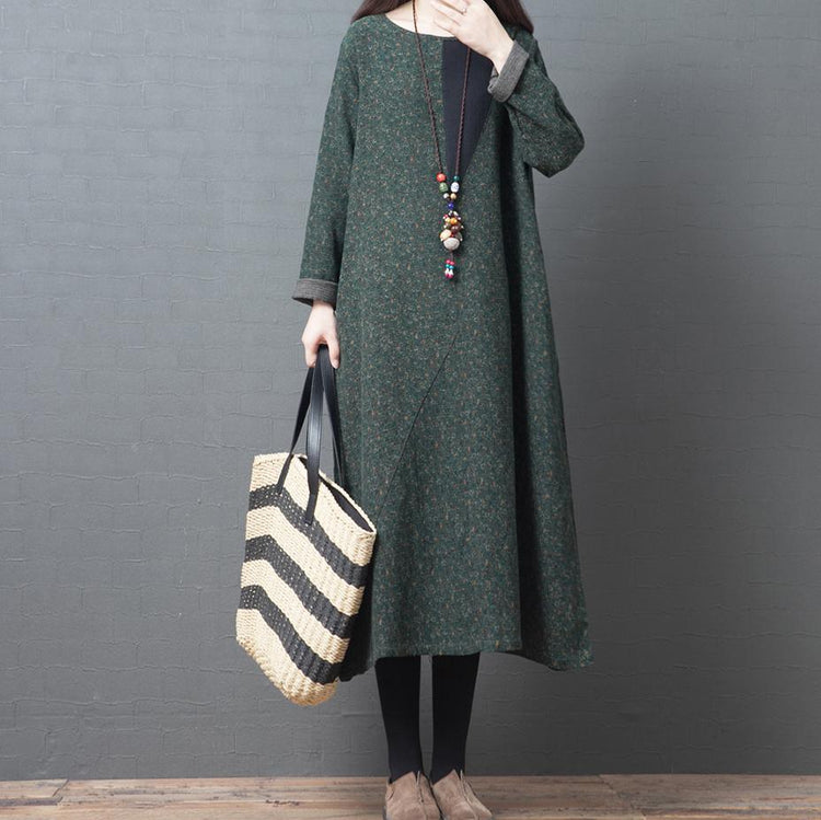 Simple o neck patchwork cotton dresses Fashion Ideas green print Art Dress - Omychic