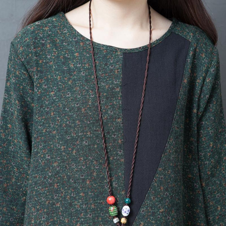 Simple o neck patchwork cotton dresses Fashion Ideas green print Art Dress - Omychic