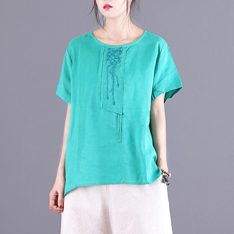 Simple o neck patchwork linen clothes For Women Work Outfits green embroidery shirt summer - Omychic