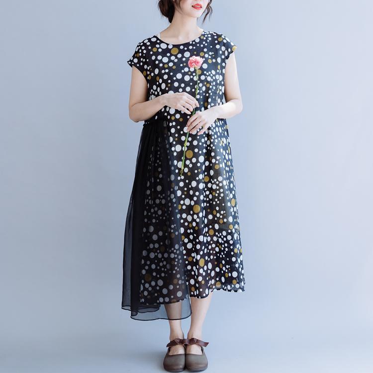 Simple o neck patchwork linen dress Fabrics black dotted Dresses summer - Omychic