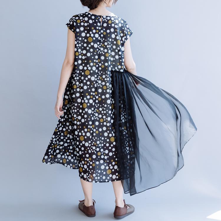 Simple o neck patchwork linen dress Fabrics black dotted Dresses summer - Omychic