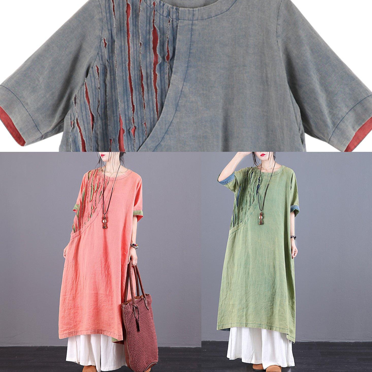 Simple o neck patchwork linen dresses Fashion Ideas green Dresses summer - Omychic