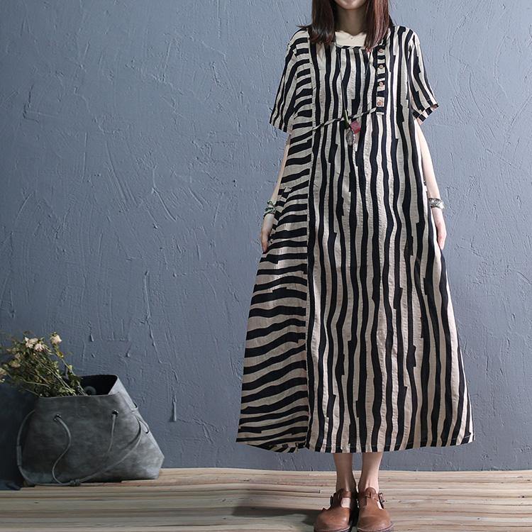 Simple o neck pockets cotton pattern Runway black striped Art Dress summer - Omychic