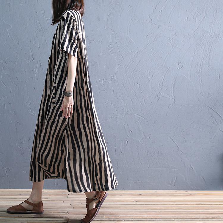 Simple o neck pockets cotton pattern Runway black striped Art Dress summer - Omychic