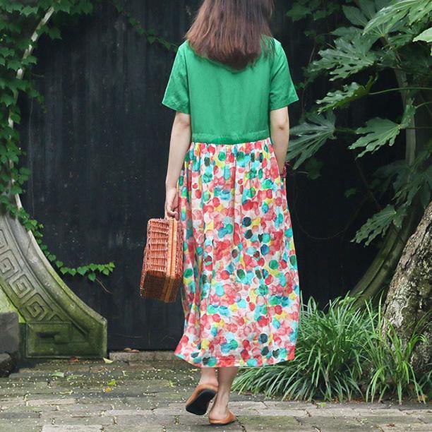 Simple o neck pockets linen dress Vintage Work Outfits green patchwork floral long Dresses Summer - Omychic