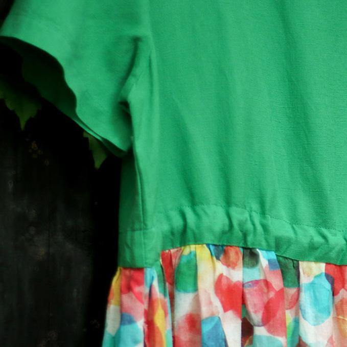 Simple o neck pockets linen dress Vintage Work Outfits green patchwork floral long Dresses Summer - Omychic