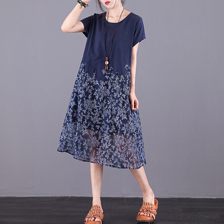 Simple o neck pockets patchwork Cotton clothes Tutorials navy print Dress summer - Omychic