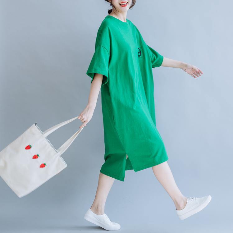 Simple o neck side open cotton dresses design green cotton Dresses summer - Omychic