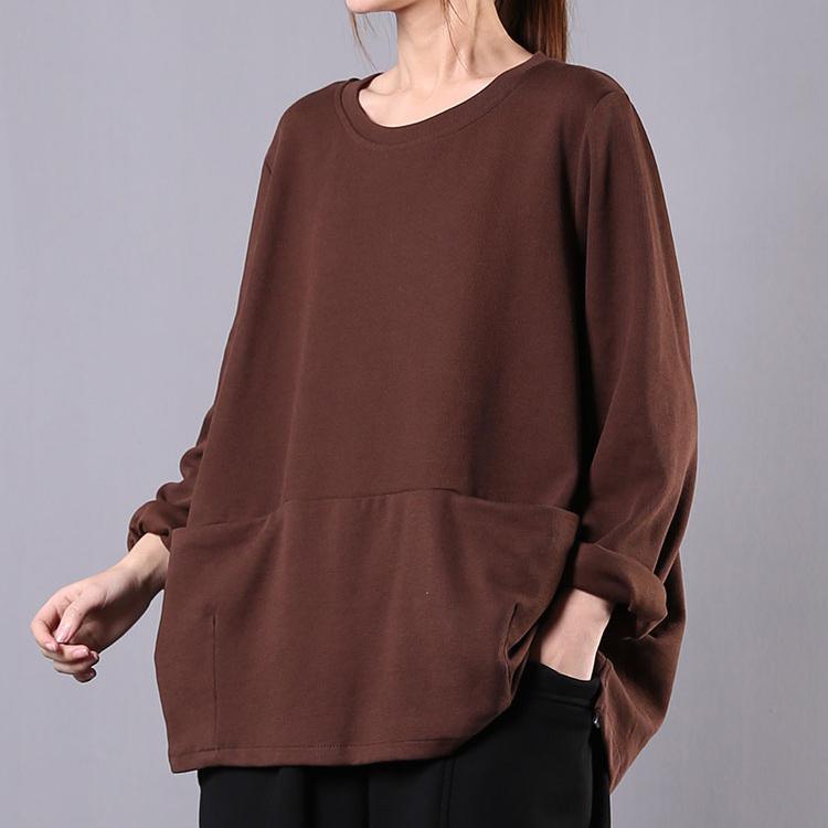Simple o neck wrinkled cotton clothes Work Outfits chocolate shirts - Omychic
