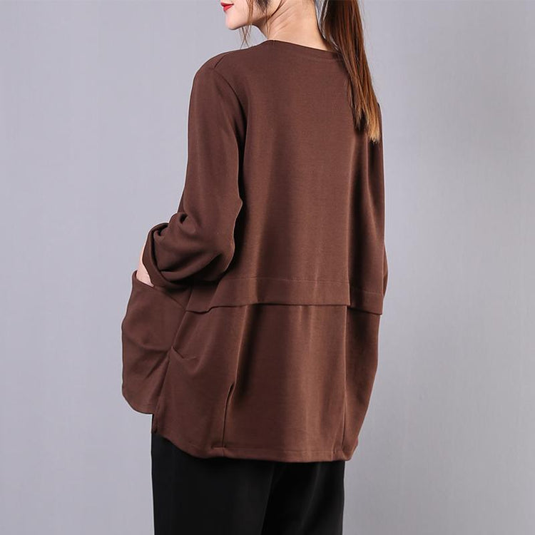 Simple o neck wrinkled cotton clothes Work Outfits chocolate shirts - Omychic