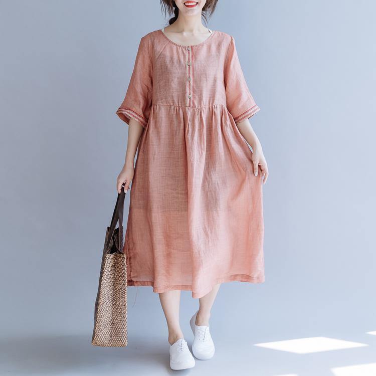 Simple o neck wrinkled linen dresses Inspiration pink Dresses summer - Omychic