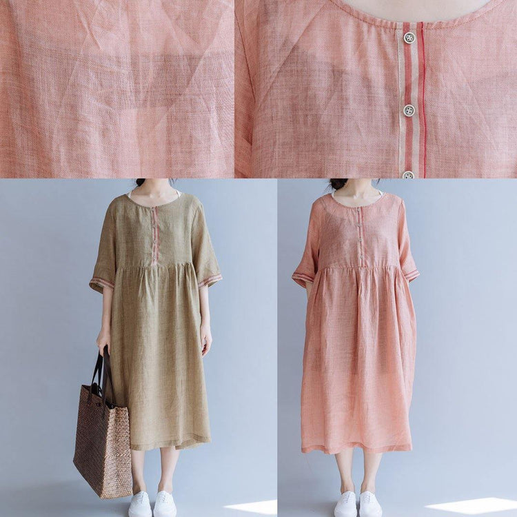 Simple o neck wrinkled linen dresses Inspiration pink Dresses summer - Omychic