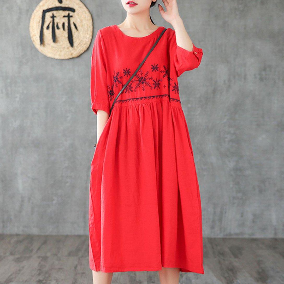 Simple o neck wrinkled linen dresses pattern red embroidery Dress - Omychic