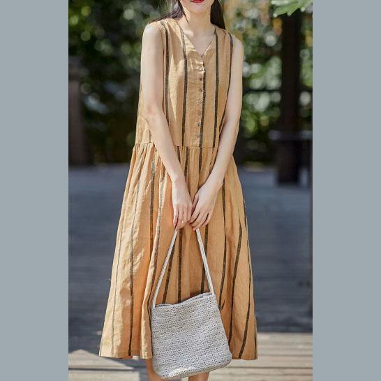 Simple orange striped linen cotton dresses v neck sleeveless loose summer Dresses - Omychic