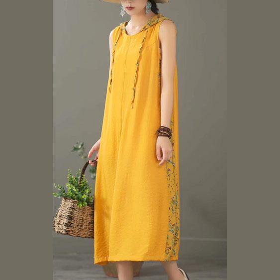 Simple patchwork hooded linen dresses Catwalk yellow Dresses summer - Omychic