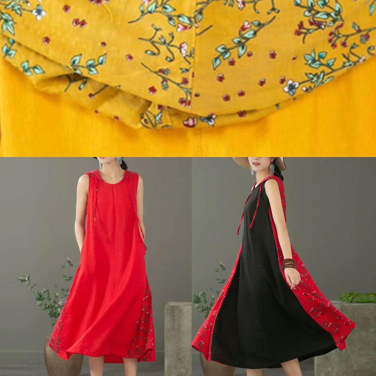Simple patchwork hooded linen dresses Catwalk yellow Dresses summer - Omychic