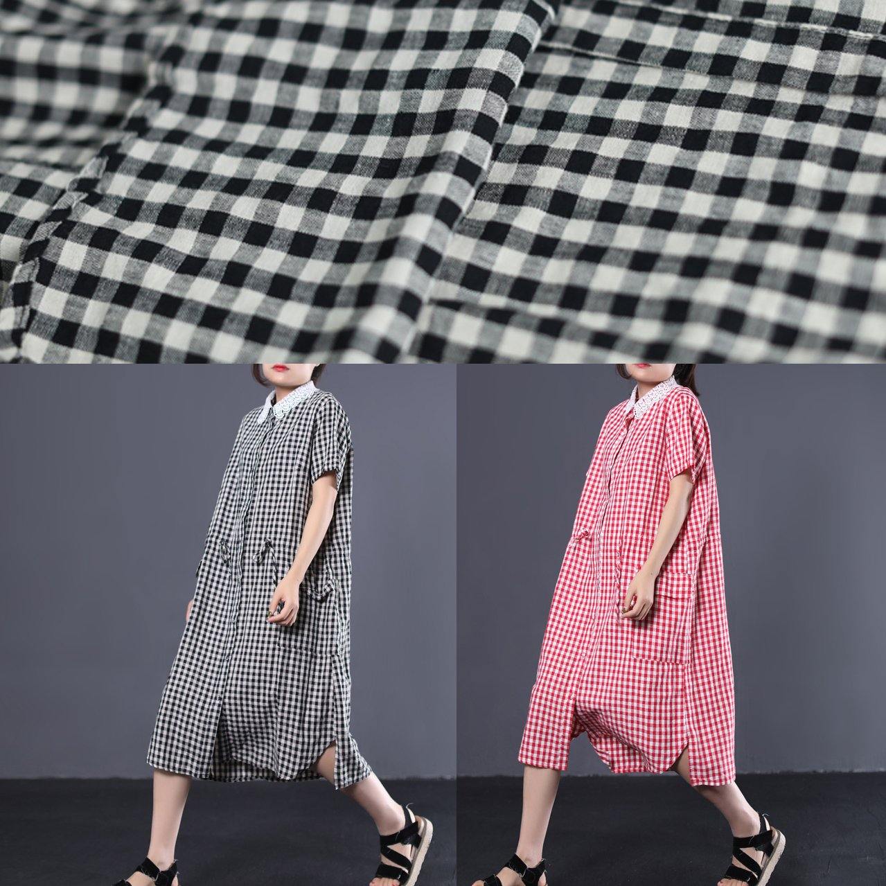 Simple patchwork lace neck cotton clothes For Women Shirts red plaid long Dresses summer - Omychic