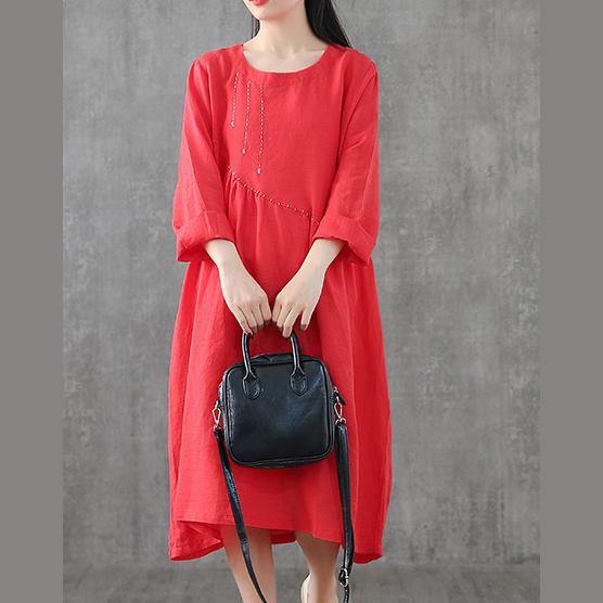 Simple patchwork linen Robes Outfits red embroidery Dress - Omychic