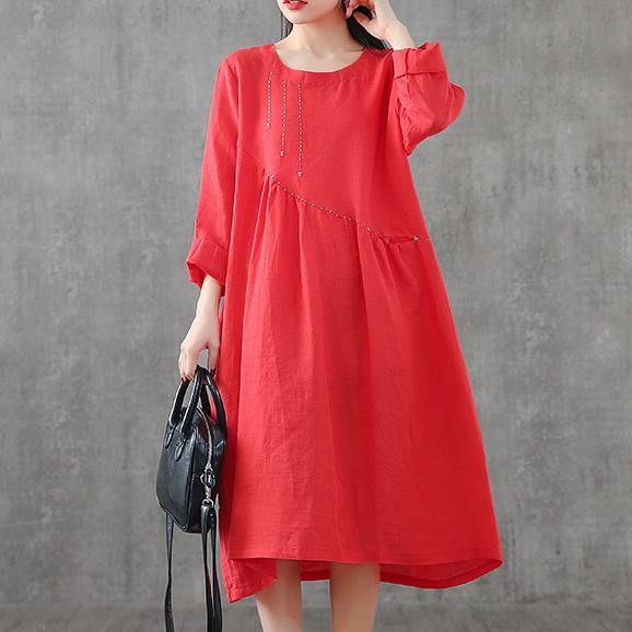Simple patchwork linen Robes Outfits red embroidery Dress - Omychic