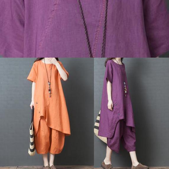 Simple purple cotton Blouse boutique Cotton Linen Solid Loose Irregular Blouse And Pants - Omychic