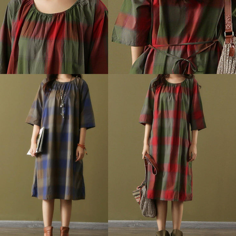 Simple red Plaid Cotton Tunics o neck tie waist Vestidos De Lino summer Dresses - Omychic