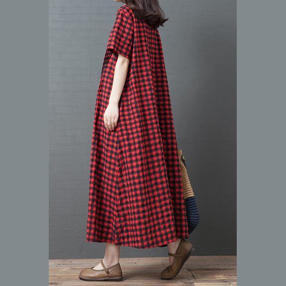 Simple red Plaid cotton clothes For Women o neck patchwork long summer Dress - Omychic