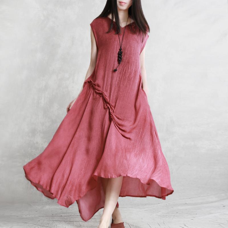 Simple red cotton Robes Indian Shirts v neck sleeveless wrinkled Plus Size Clothing Summer Dresses - Omychic