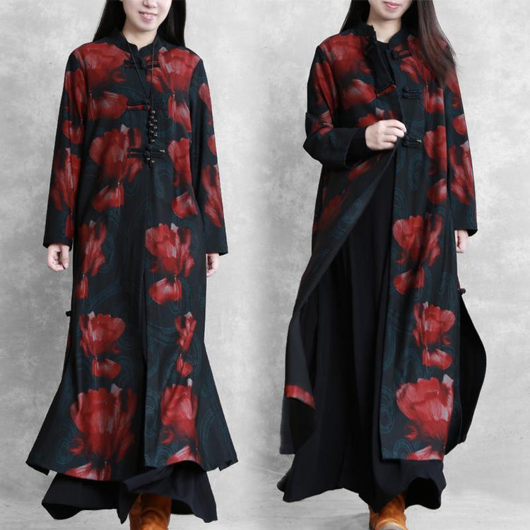 Simple red print Plus Size casual coats women design stand collar Chinese Button fall outwears - Omychic