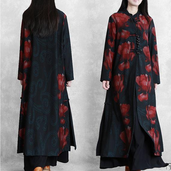 Simple red print Plus Size casual coats women design stand collar Chinese Button fall outwears - Omychic