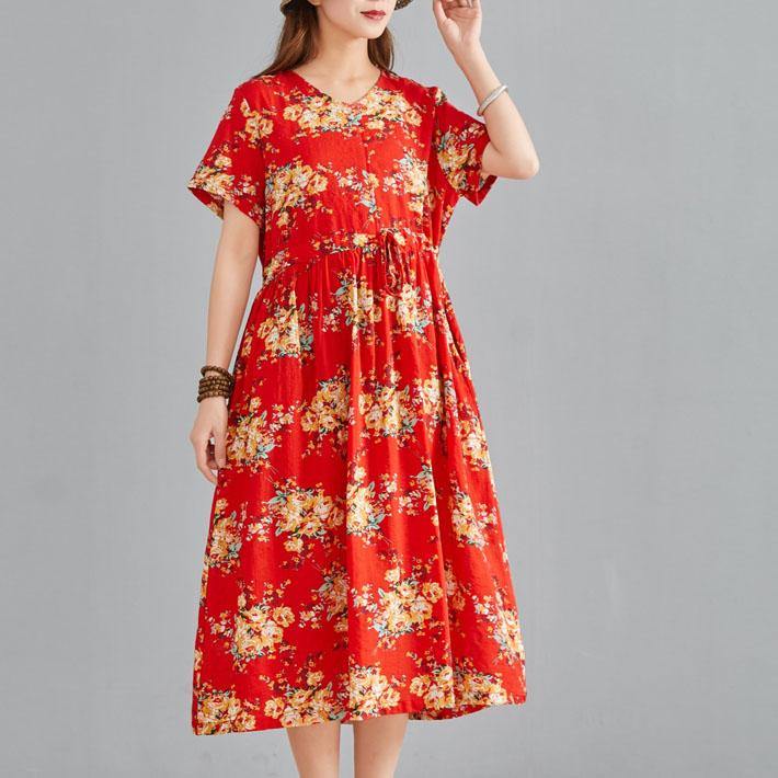 Simple red print linen cotton dresses v neck drawstring summer Dresses - Omychic