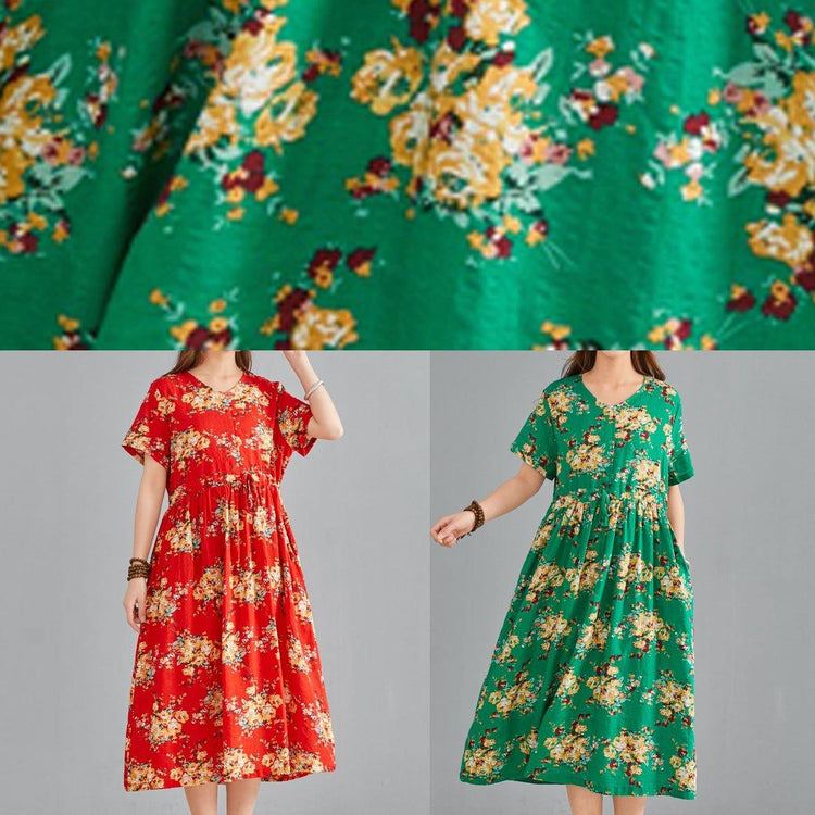 Simple red print linen cotton dresses v neck drawstring summer Dresses - Omychic