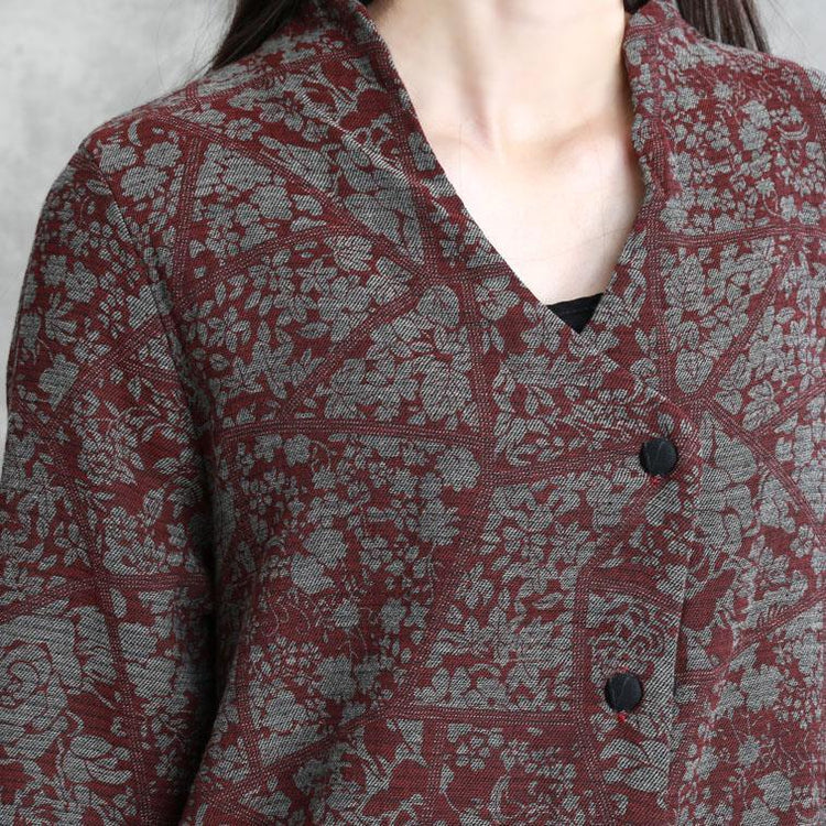 Simple red print top quality tunic pattern Cotton v neck large hem fall coats - Omychic