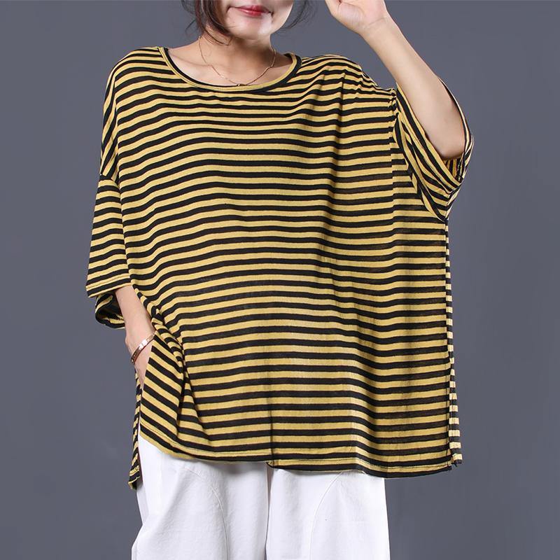 Simple side open cotton Tunic Work Outfits yellow striped shirts summer - Omychic