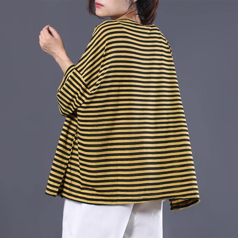 Simple side open cotton Tunic Work Outfits yellow striped shirts summer - Omychic