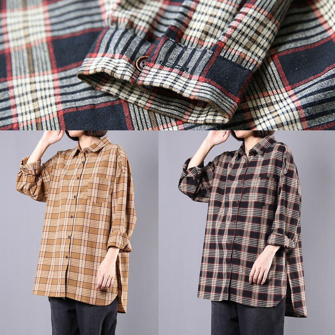 Simple side open cotton blouses for women Shirts navy plaid blouse fall - Omychic