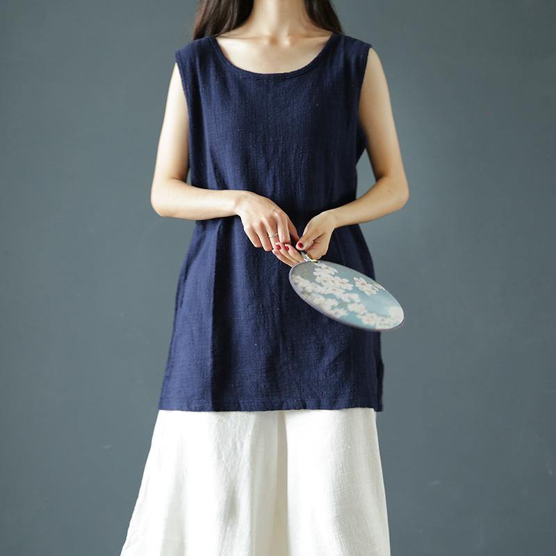 Simple sleeveless cotton clothes For Women dark blue silhouette tops Summer - Omychic