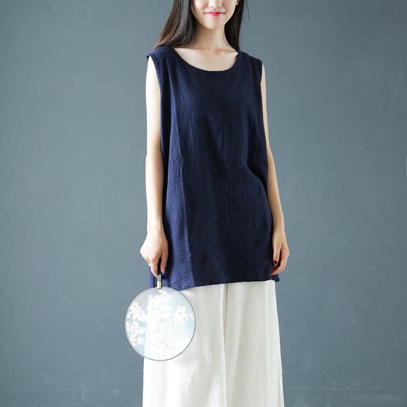 Simple sleeveless cotton clothes For Women dark blue silhouette tops Summer - Omychic
