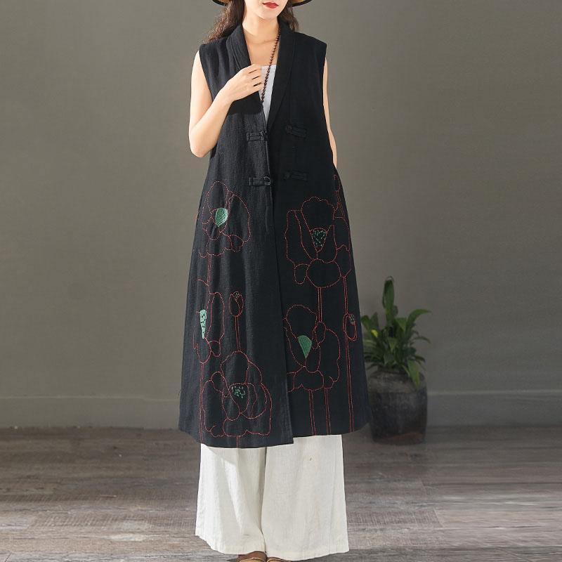 Simple sleeveless cotton linen cardigan Neckline black embroidery outwear autumn - Omychic