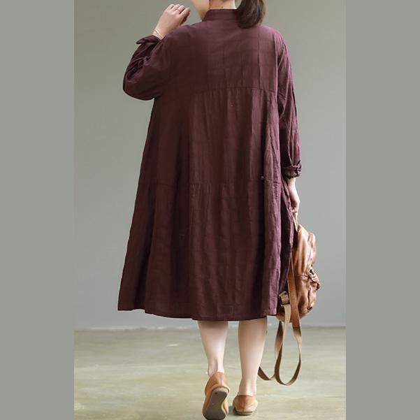 Simple stand collar Cotton clothes Women Metropolitan Museum Wardrobes purple red tunic Dresses big hem - Omychic