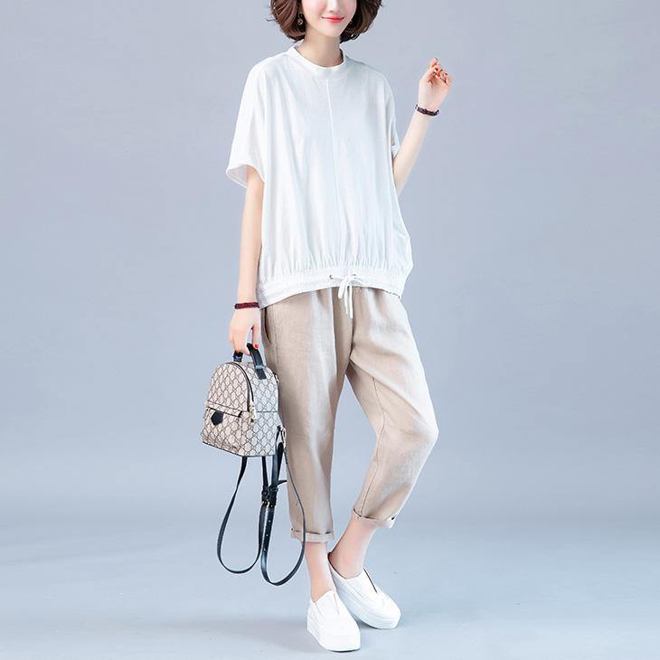 Simple stand collar drawstring cotton Blouse pattern white shirt summer - Omychic