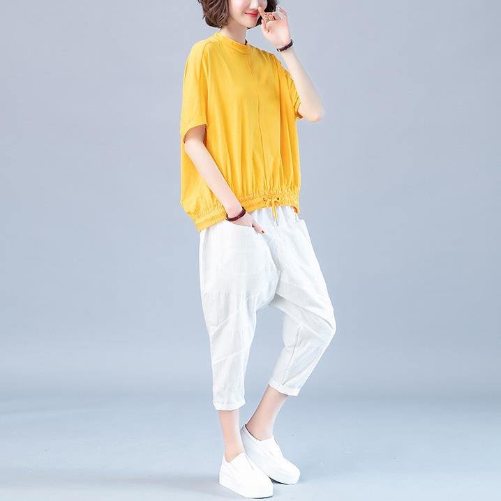 Simple stand collar drawstring cotton Blouse pattern white shirt summer - Omychic
